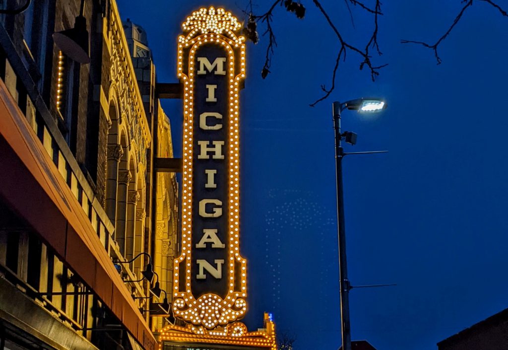 The marquee of The Michigan Theater, downtown Ann Arbor