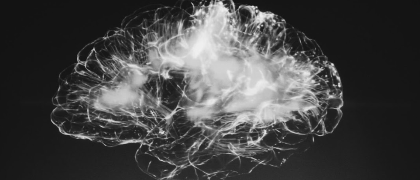 Image description: Outline of the human brain in white on a black background